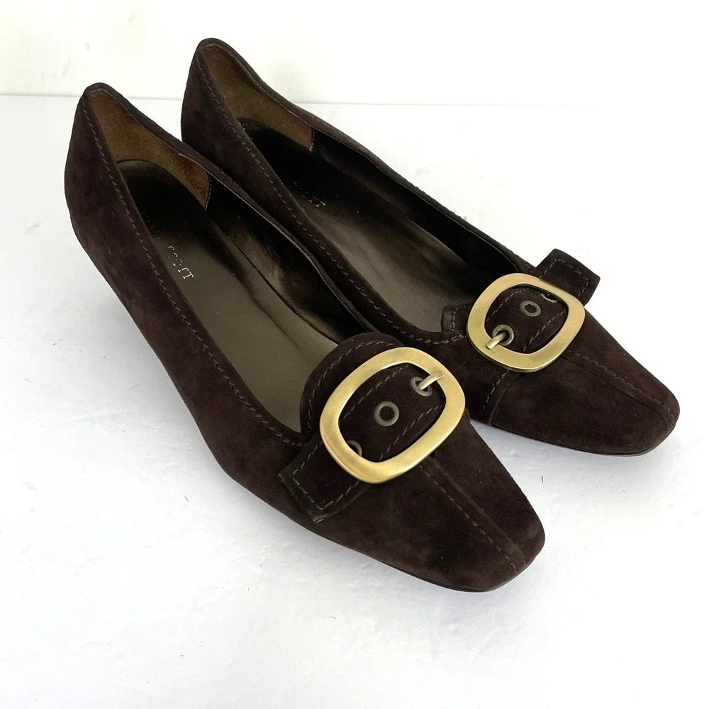 Karen Scott Womens Brown‎ Suede Kitten Heels Square Toe Buckle Pumps